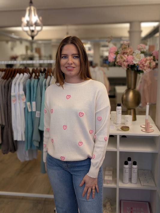 Kims hartjes teddy hartjes trui - Ecru / roze