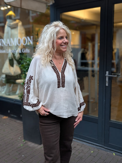 Katoenen blouse Marijn - Ecru-Bruin