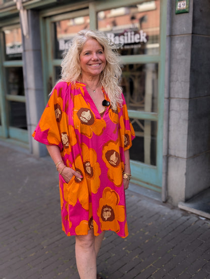 Mara print flower jurk - Roze / bruin / orange