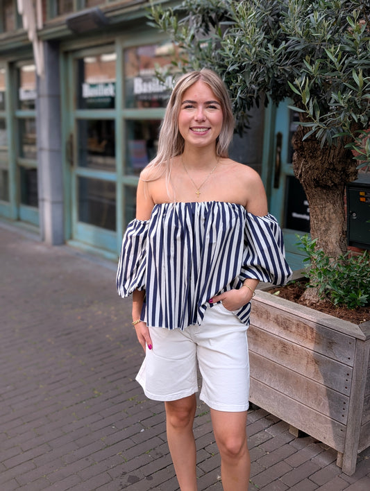 Off the shoulder blouse top - Wit / blauw streep