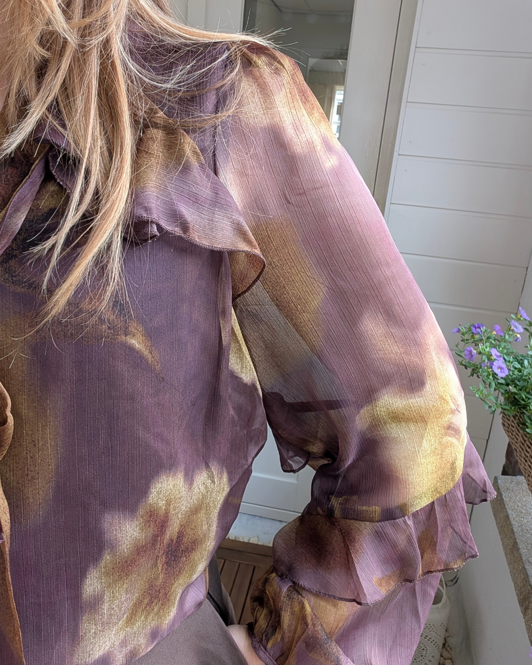 Print blouse met Strikkraag & Ruches - Aubergine/Mosgroen
