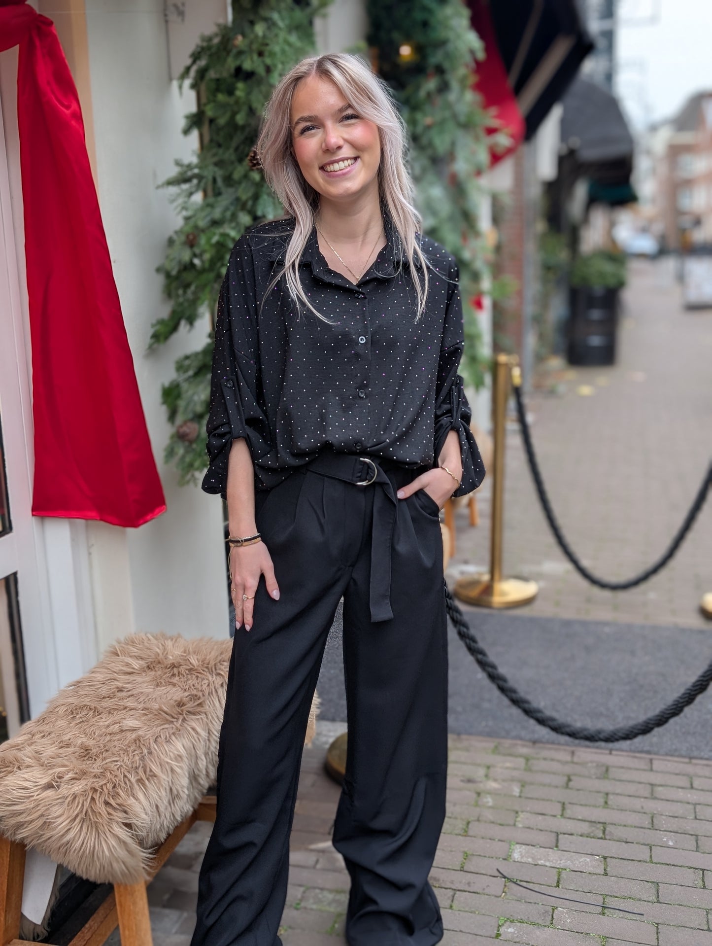 Florien glitter strik blouse - Zwart/ zilver