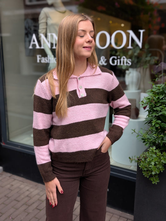 Gestreepte polo trui Gwen - Roze/Bruin