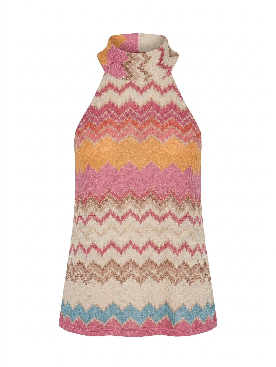 Zigzag Lurex Haltertop met Strik - Roze