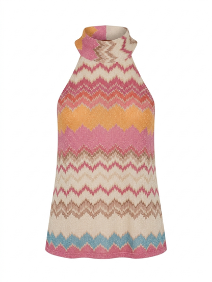 Zigzag Lurex Haltertop met Strik - Roze