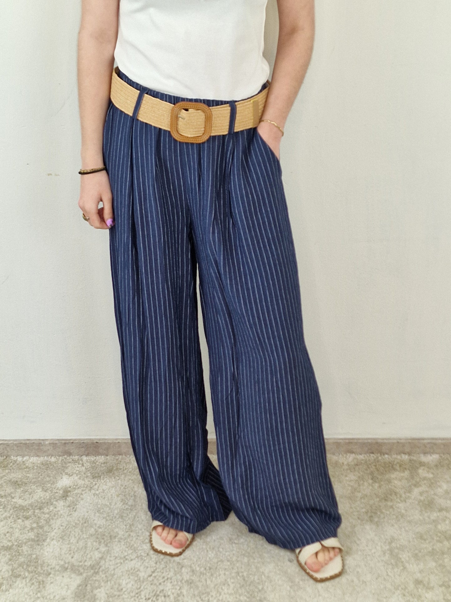 Gestreepte viscose broek Eef - Donkerblauw