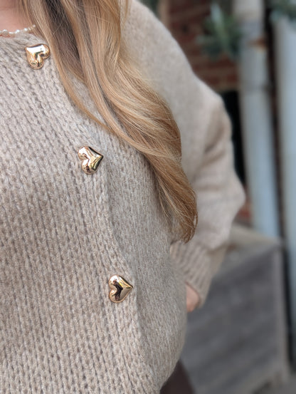 Hanny gebreid vest met hartjes knopen - Beige
