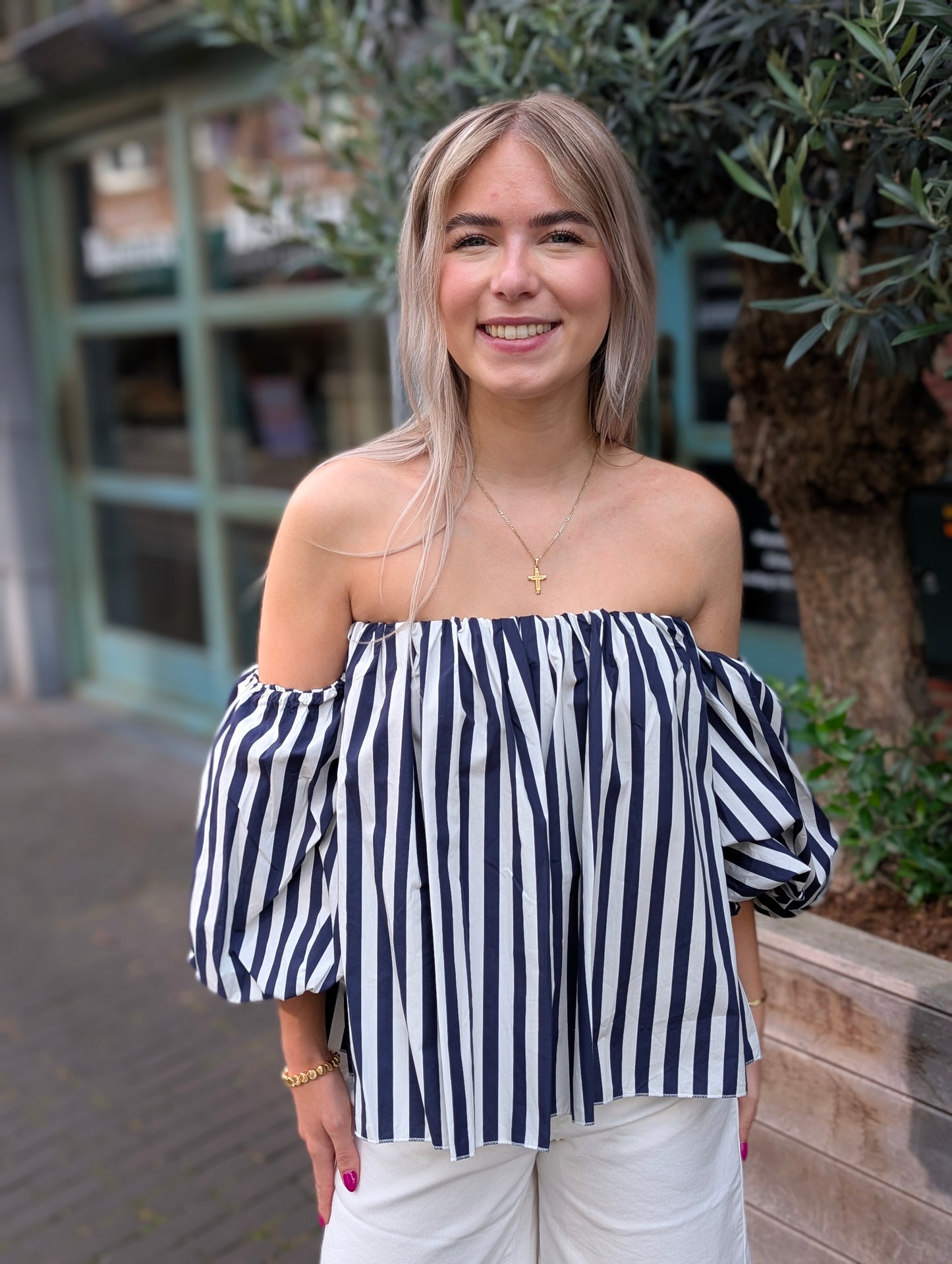 Off the shoulder blouse top - Wit / blauw streep