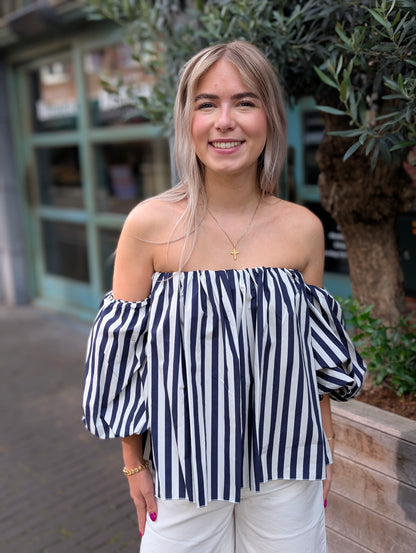 Off the shoulder blouse top - Wit / blauw streep