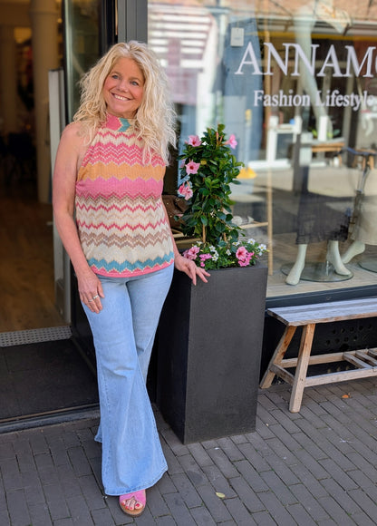 Zigzag Lurex Haltertop met Strik - Roze