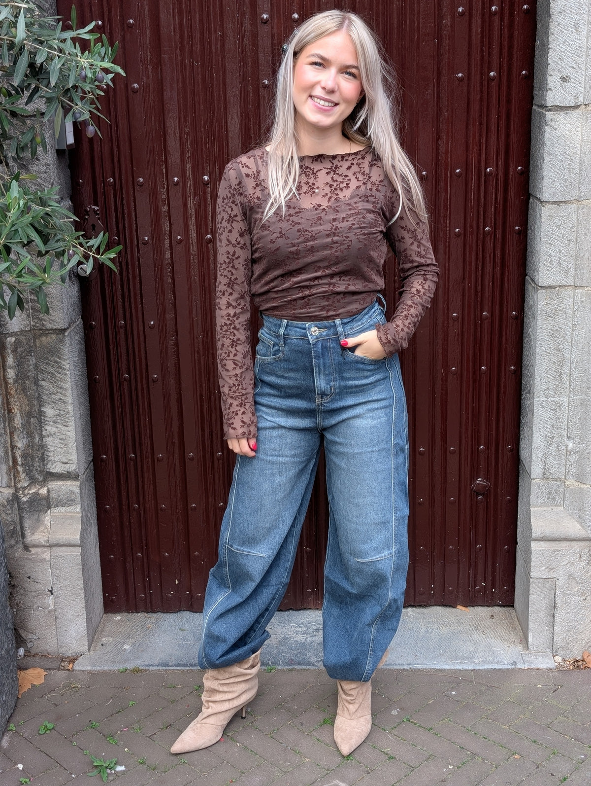 Madelief mesh top lange mouwen - Bruin