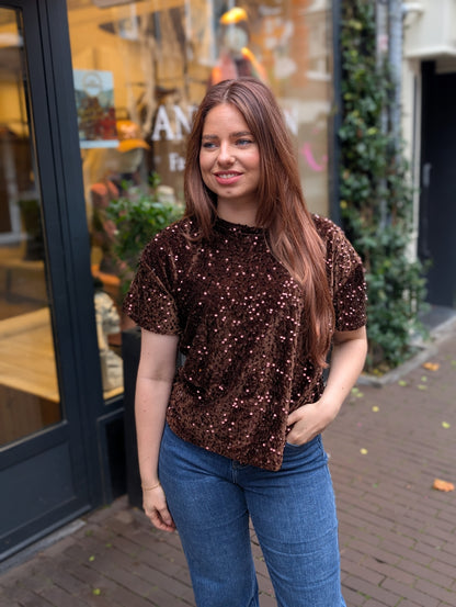 Jone pailletten trui met pof mouw - Donker bruin