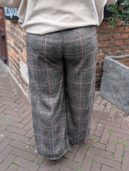 Lian Geruite pantalon met strikceintuur - Groen / camel / creme