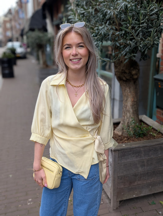 Overslag blouse met gestreepte strik detail - Geel