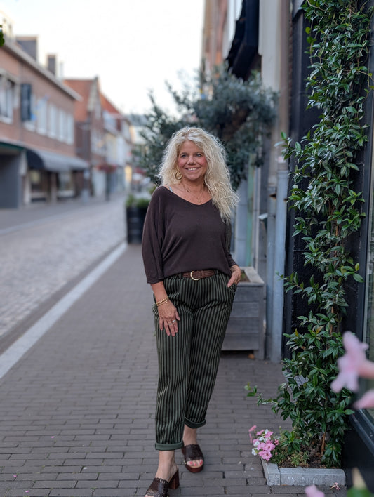 Lay streep pantalon met riem - Groen / zwart