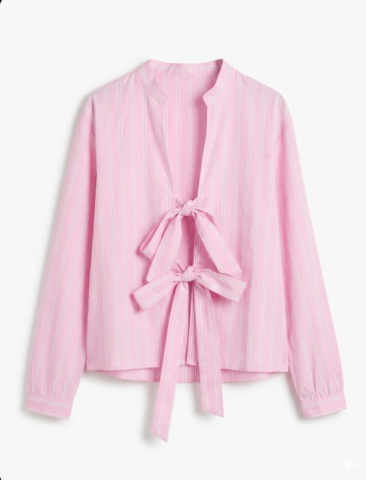 Lilly Stripe Bow Blouse – Pastel Pink