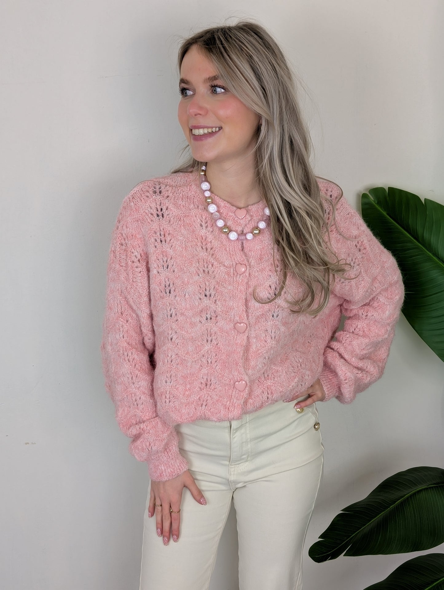 Ajourgebreid Vest met Hartjes knopen - Roze