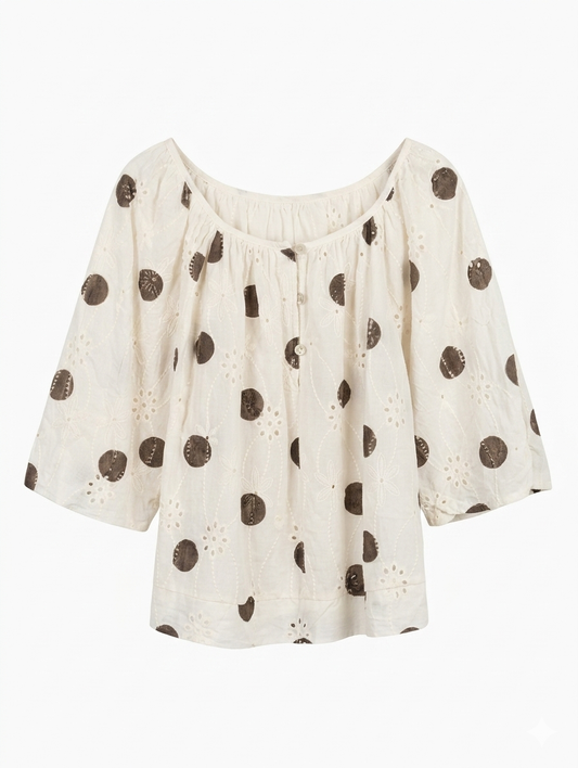Broderie Anglaise Blouse Polka Dots - Ecru/Bruin