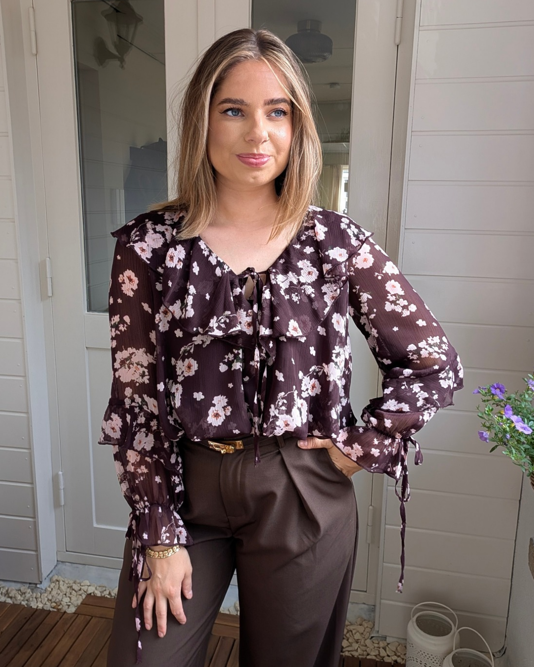 Feline Ruffle Balloon Bloemen Print Blouse - Plum/Pink