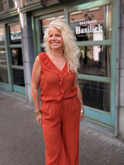 Patty ruffle top met v-hals - Brique orange