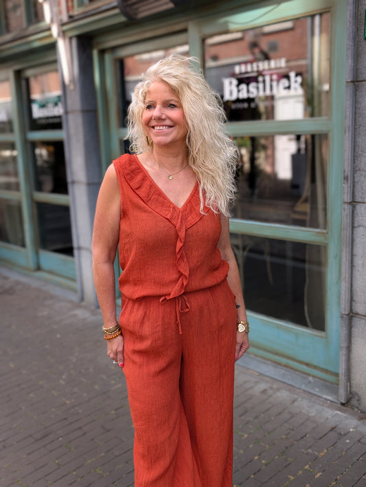 Patty ruffle top met v-hals - Brique orange