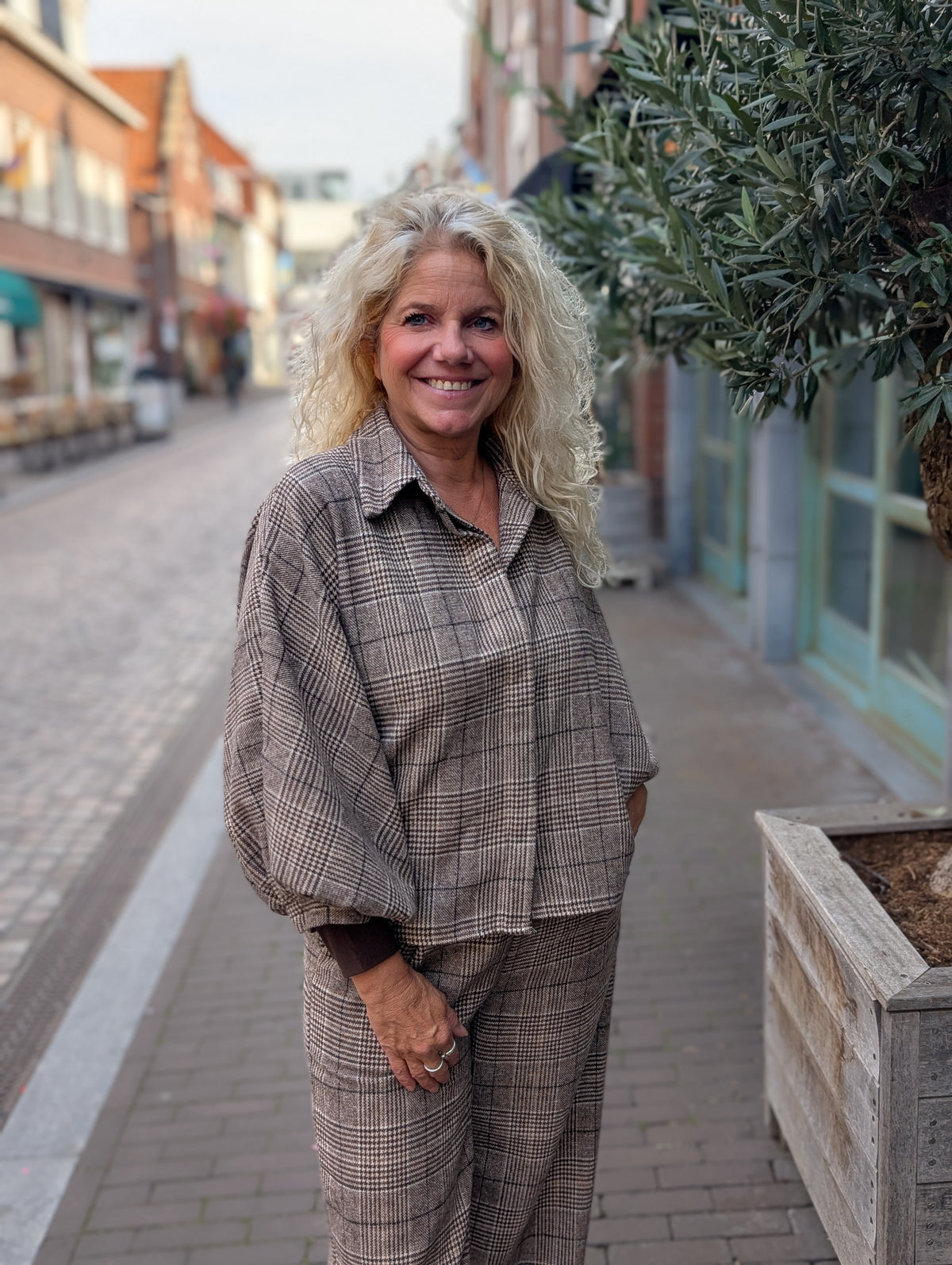 Karam ruitjes blouse - Taupe / creme / bruin