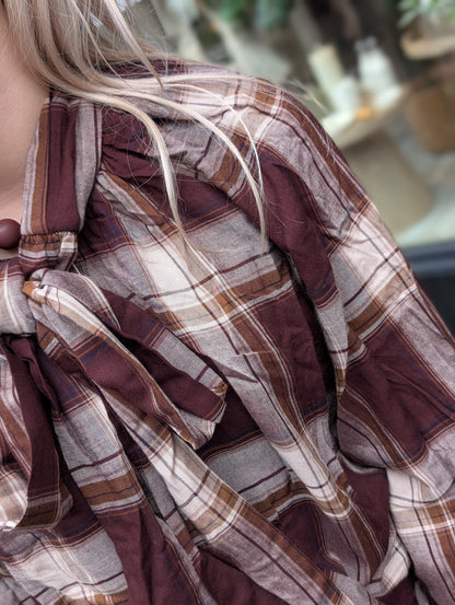 Geruitte strik blouse - Coffee