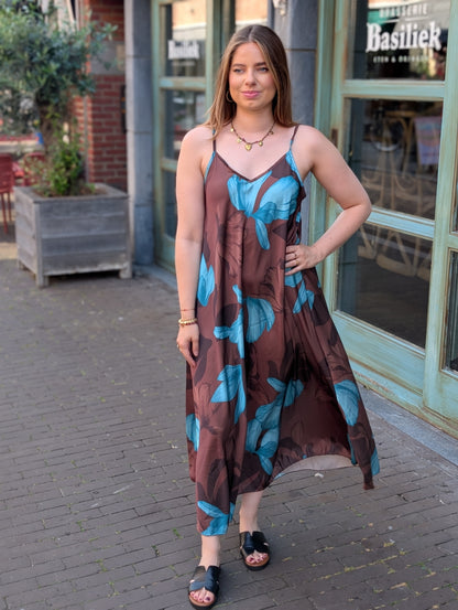 Bobby flower jurk - Bruin / aqua