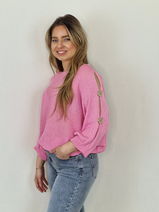 Nicole trui met open mouw en goudkleurige knopen - Hard roze