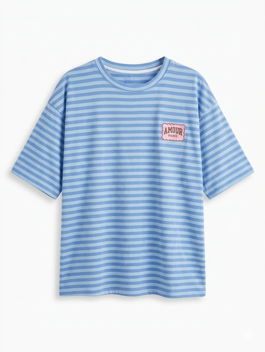 C’est l’Amour: Striped Oversized Knit - Blauw