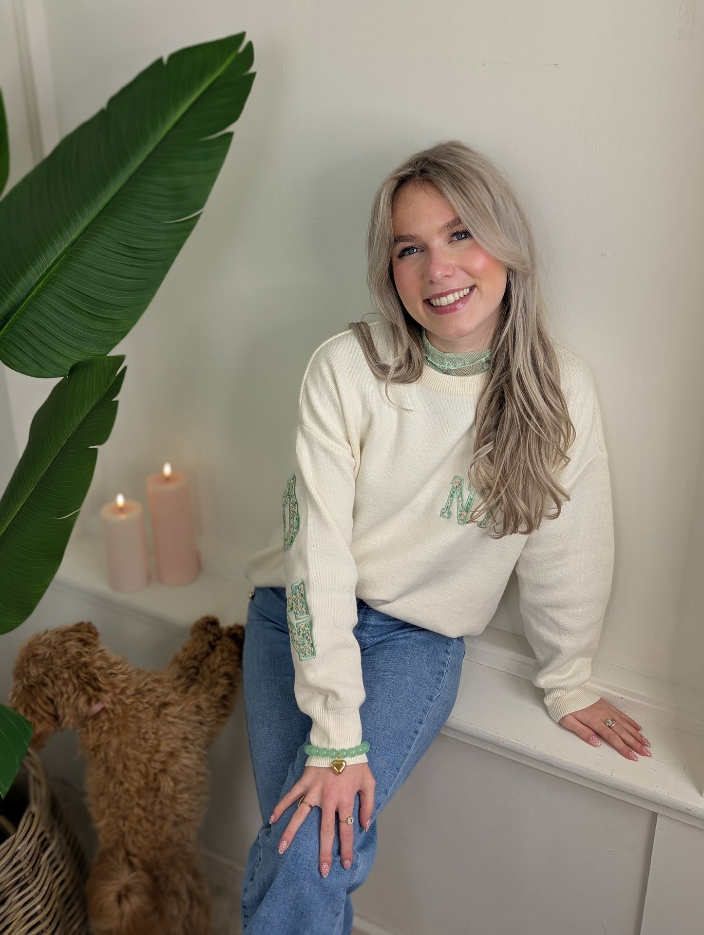 New York flower sweater - Ecru/Groen