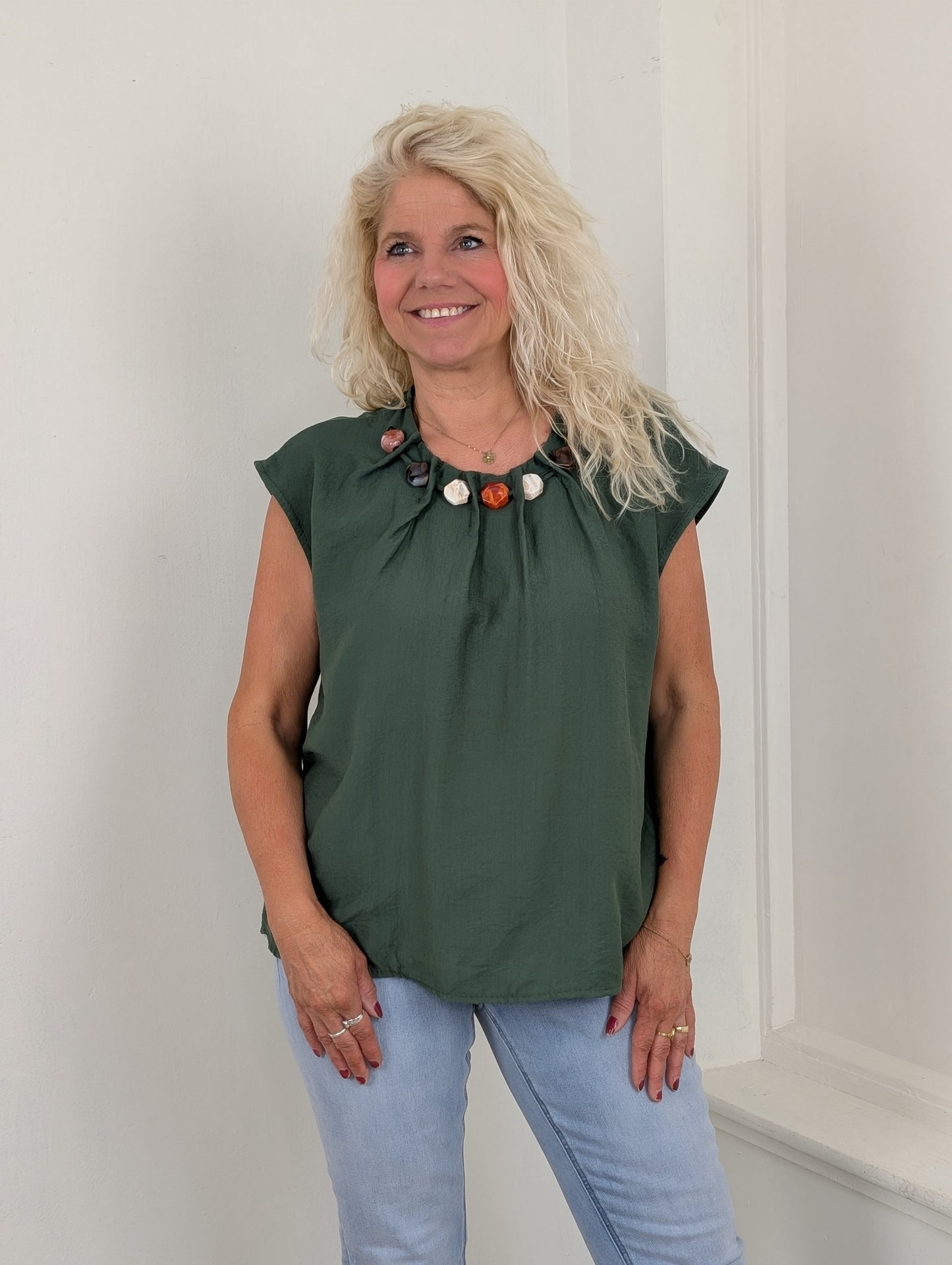 Stone beads blouse top - Army groen