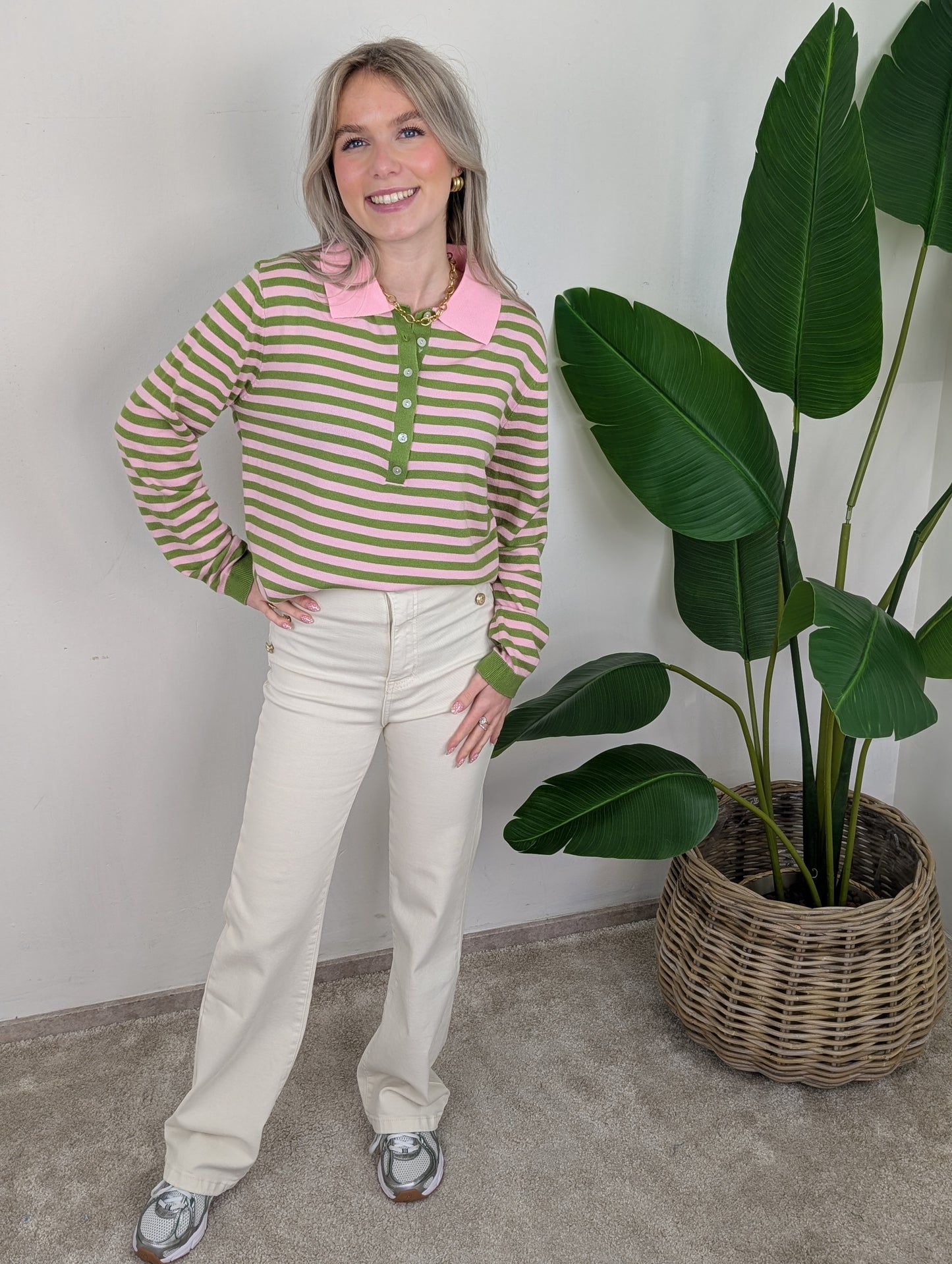 Gestreepte longsleeve polo - Groen/Roze