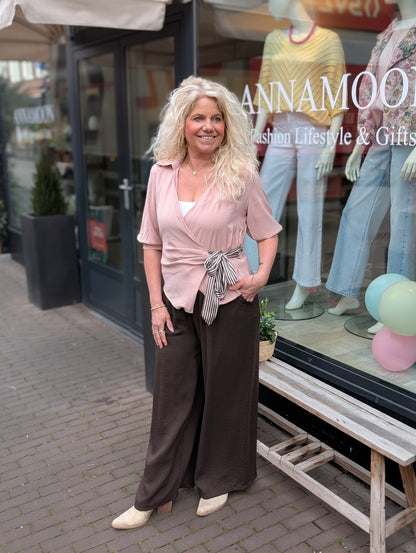 Overslag blouse met gestreepte strik detail - Oud roze
