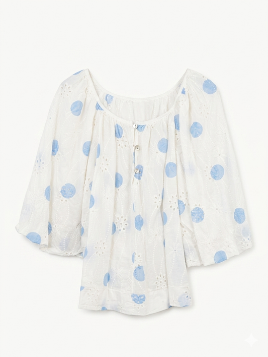 Broderie Anglaise Blouse Polka Dots - Wit/Lichtblauw
