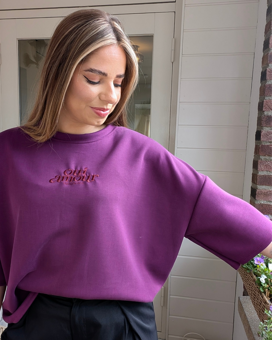 Oui Amour Short Sleeve Sweater - Aubergine/Bordeaux