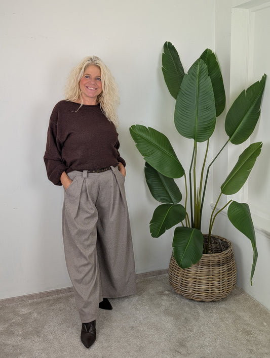 Gion ruitjes pantalon met bruine ceintuur - Bruin / creme