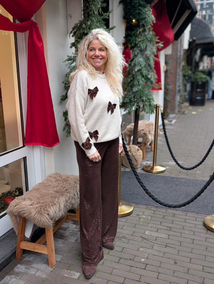 Nolana trui met strikjes - Beige met bruine strikjes