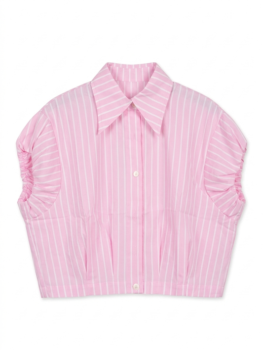 Gestreepte Crop Blouse met Geplooide Schouders - Lichtroze