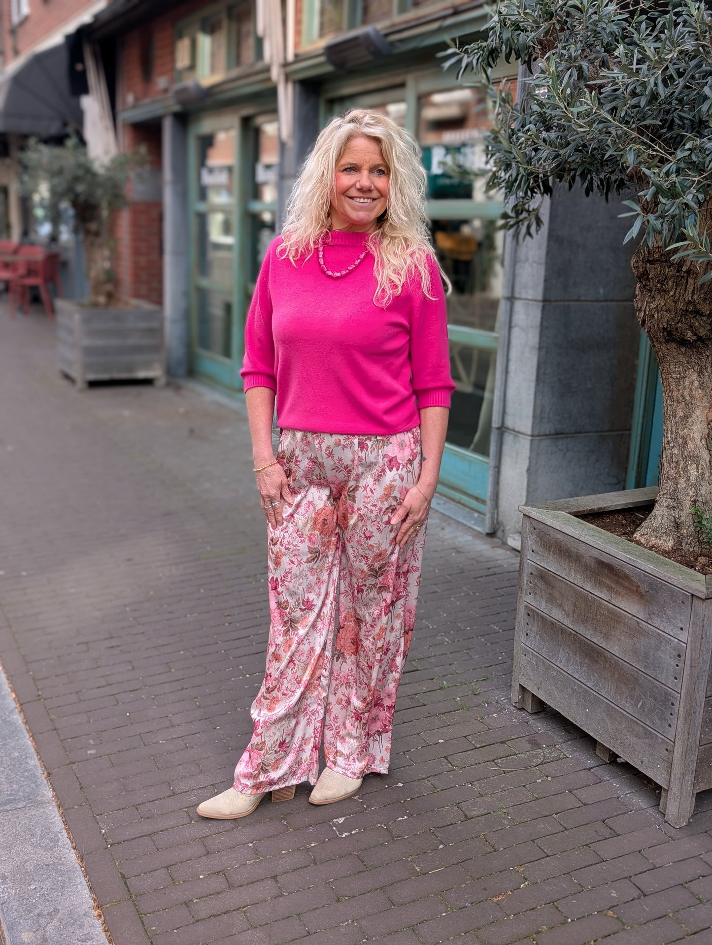 Print flower wide leg - Roze/ beige/ groen/ bruin