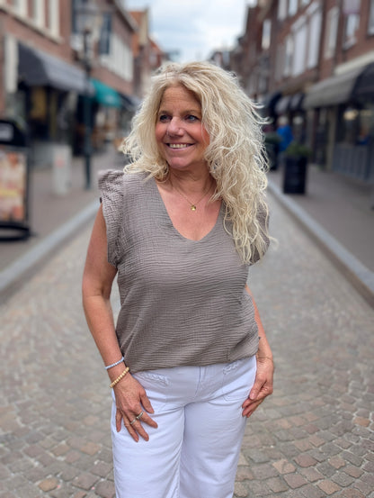 Katoenen ruffle top v-hals - Taupe