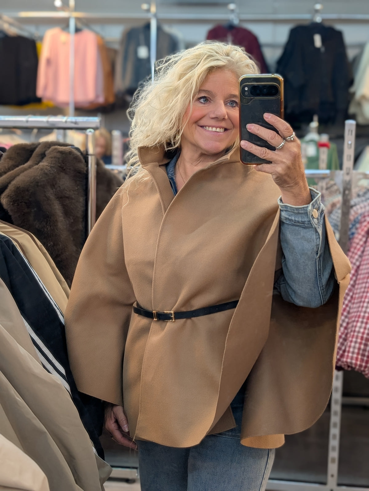 Moons poncho met riem - Camel