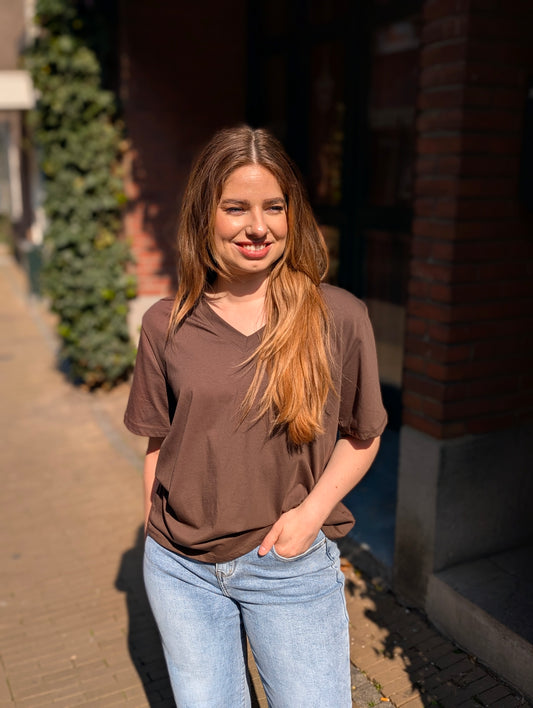 Basis shirt met v-hals - Bruin