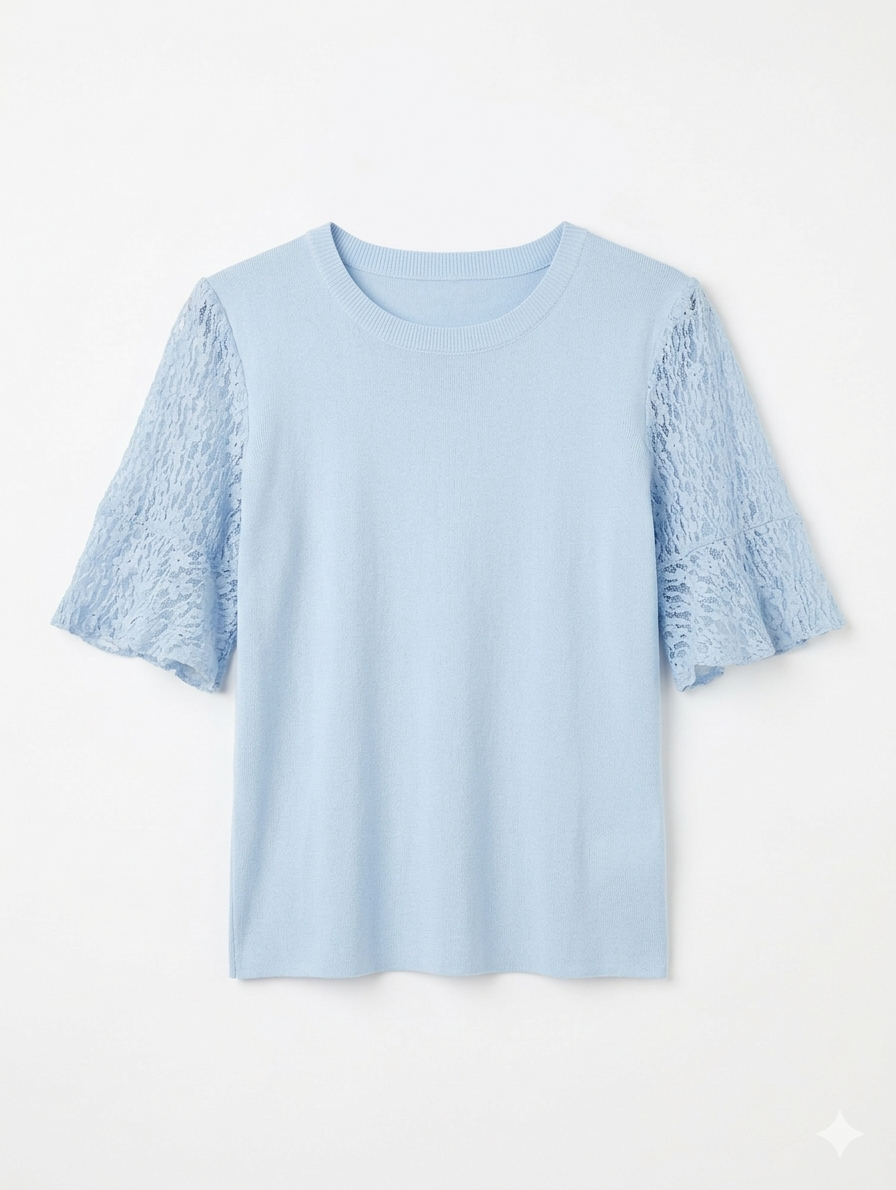 Aimee shirt met kanten bloemen mouwen - Lichtblauw