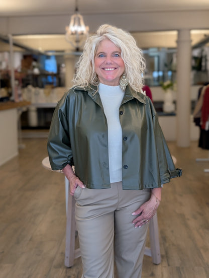Korte leren oversized trenchcoat - Groen