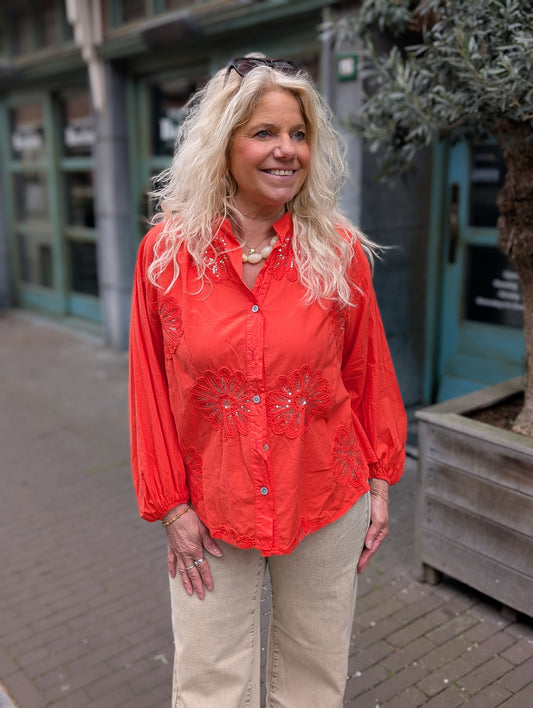 Katoenen bloem pailletten blouse Gina - Oranje