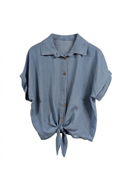 Jeans look knoop blouse - Blauw