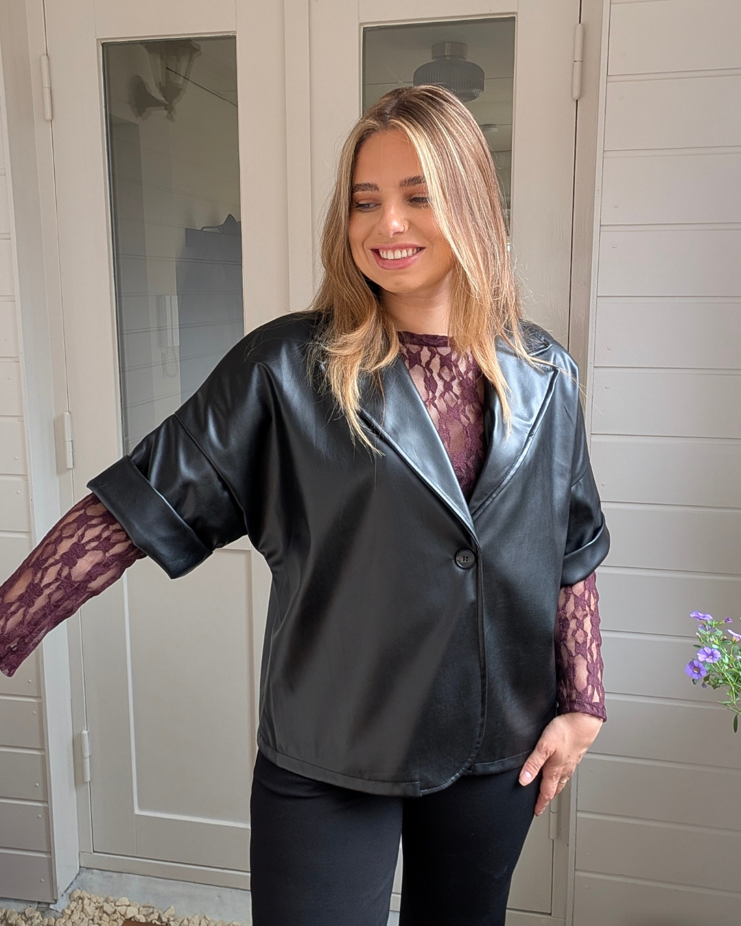 Liva Faux Leather short sleeve Blazer - Black