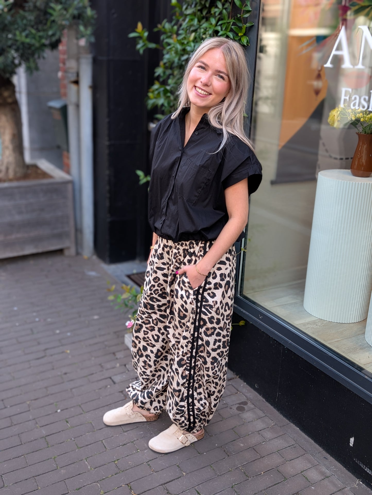Sporty ballon broek met panterprint en biesjes - Beige/Zwart