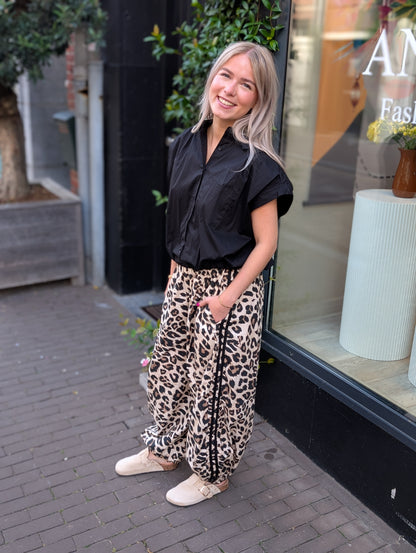 Sporty ballon broek met panterprint en biesjes - Beige/Zwart